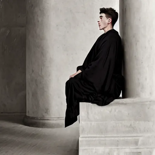 Image similar to attractive handsome kai havertz wearing monk robes holding ivory candlestick. natural lighting by ruan jia, portrait