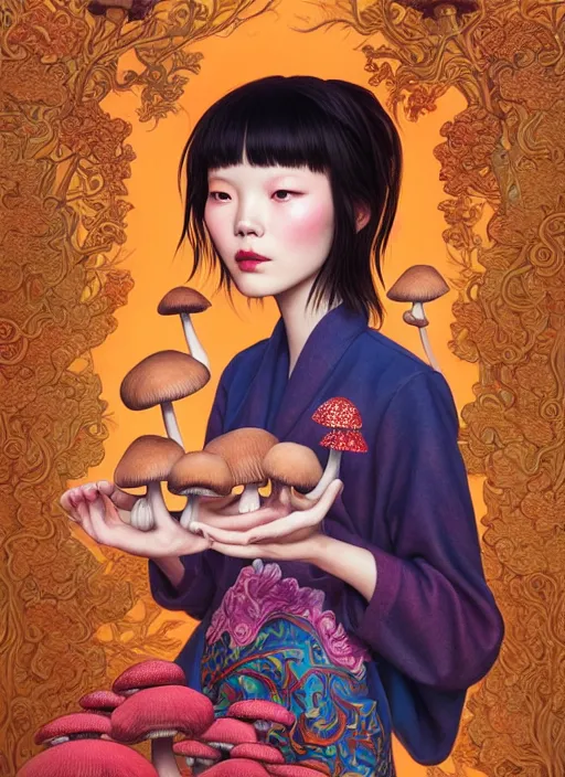 Image similar to pretty yunnan girl with mushroom : : by martine johanna and simon stalenhag and chie yoshii and casey weldon and wlop : : ornate, dynamic, particulate, rich colors, intricate, elegant, highly detailed, centered, artstation, smooth, sharp focus, octane render, 8 k