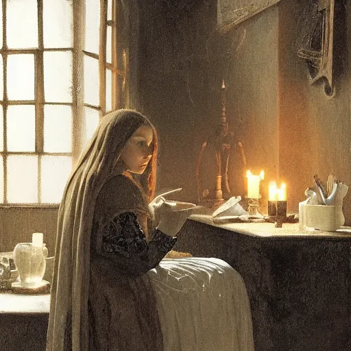 Image similar to elizabeth olsen, sitting in a dark kitchen in the medieval period, the only light illuminating is a candle on the desk, illustrated by gaston bussiere and johannes vermeer, artstation, cgsociety, artstation contest winner, artstation medieval, artstation fashion, 4 k, 8 k