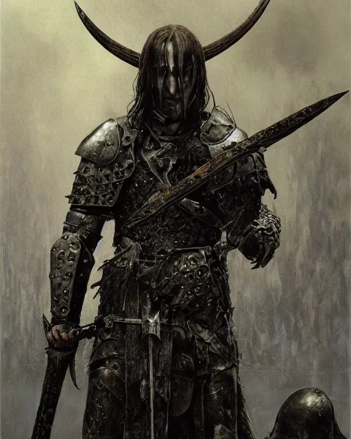 Image similar to realistic HD high detail portrait of !Kristian Elvind Espedal! aka !Gaahl! portrayed as a fearsome High Medieval High Fantasy blackguard. face and body. clad in black steel plate armour. wielding a two-handed battle-axe. in the style of Angus McBride, Jeffrey Catherine Jones, Michael Whelan, and Jeff Easley.