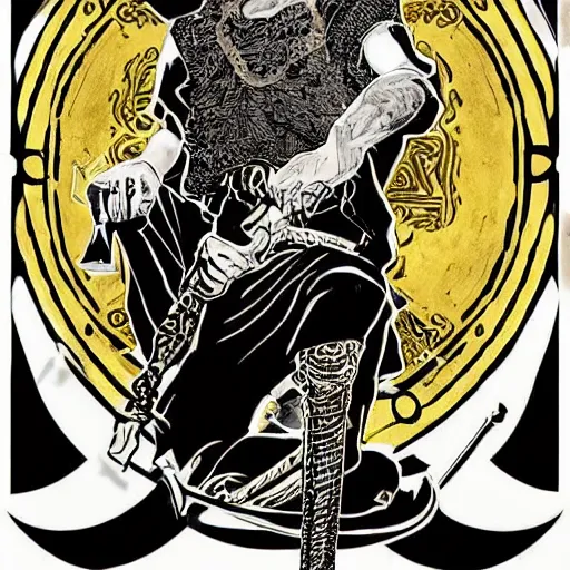 Image similar to black and white pen and ink!!!! rugged royal masonic goetic!! Frank Zappa x Ryan Gosling golden!!!! Vagabond!!!! floating magic swordsman!!!! glides through a beautiful!!!!!!! battlefield dramatic esoteric!!!!!! pen and ink!!!!! illustrated in high detail!!!!!!!! by Junji Ito and Hiroya Oku!!!!!!!!! graphic novel published on 2049 award winning!!!! full body portrait!!!!! action exposition manga panel black and white Shonen Jump issue by David Lynch and Ari Aster beautiful line art Araki