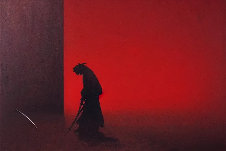 Image similar to only with red, a red samurai harakiri, tokio, a lot of frogs watch, in the style of beksinski, parts by edward hopper, parts by rodcenko, parts by yue minjun, intricate and epic composition, red by caravaggio, insanely quality, highly detailed, masterpiece, red light, artstation, 4 k