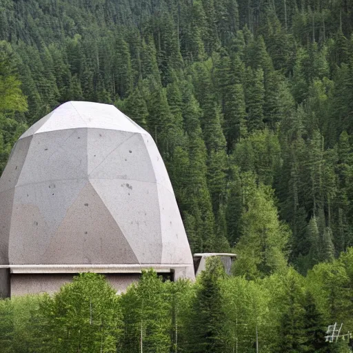 Image similar to brutalist concrete spomenik geodesic structure, in the mountains, taiga, by Henri Matisse