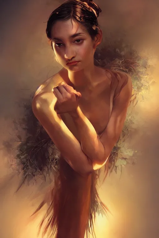 Prompt: stunningly beautiful, giesha prima ballerina in jungle, symmetrical face, golden hour, smooth, focus, highly detailed, hyper realistic, dramatic lighting, elegant, intricate, concept art, art by wlop, mars ravelo, greg rutowski, artstation