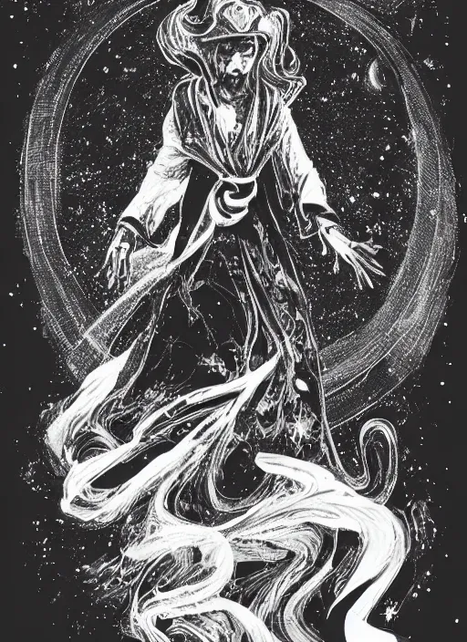 Image similar to black and white pen and ink!!!!!!! Johnny Depp x Ryan Gosling wearing cosmic space robes made of stars final form flowing royal hair golden!!!! Vagabond!!!!!!!! floating magic swordsman!!!! glides through a beautiful!!!!!!! Camellia flower battlefield dramatic esoteric!!!!!! Long hair flowing dancing illustrated in high detail!!!!!!!! by Moebius and Hiroya Oku!!!!!!!!! graphic novel published on 2049 award winning!!!! full body portrait!!!!! action exposition manga panel black and white Shonen Jump issue by David Lynch eraserhead and beautiful line art Hirohiko Araki!! Rossetti, Millais, Mucha, Jojo's Bizzare Adventure, baroque bedazzled gothic royalty frames surrounding a pixelsort emo demonic horrorcore japanese Edward Scissorhands, sharpened early computer graphics, remastered chromatic aberration, spiked korean bloodmoon sigil stars draincore, gothic demon hellfire hexed witchcore aesthetic, dark vhs gothic hearts, neon glyphs spiked with red maroon glitter breakcore art