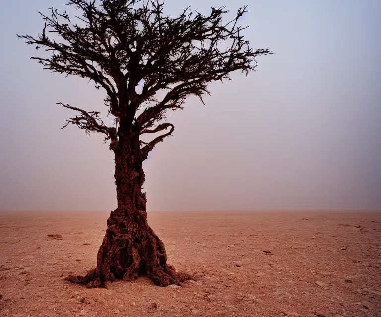 Image similar to an isolated ancient tree in the middle of a barren dessert, bleak, sandy, foggy, sunrise, dreary