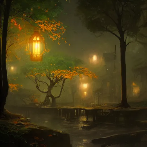 Image similar to Concept art, beautiful painting of a gingko tree, shining its light among lanterns, 8k, james gurney, greg rutkowski, john howe, artstation