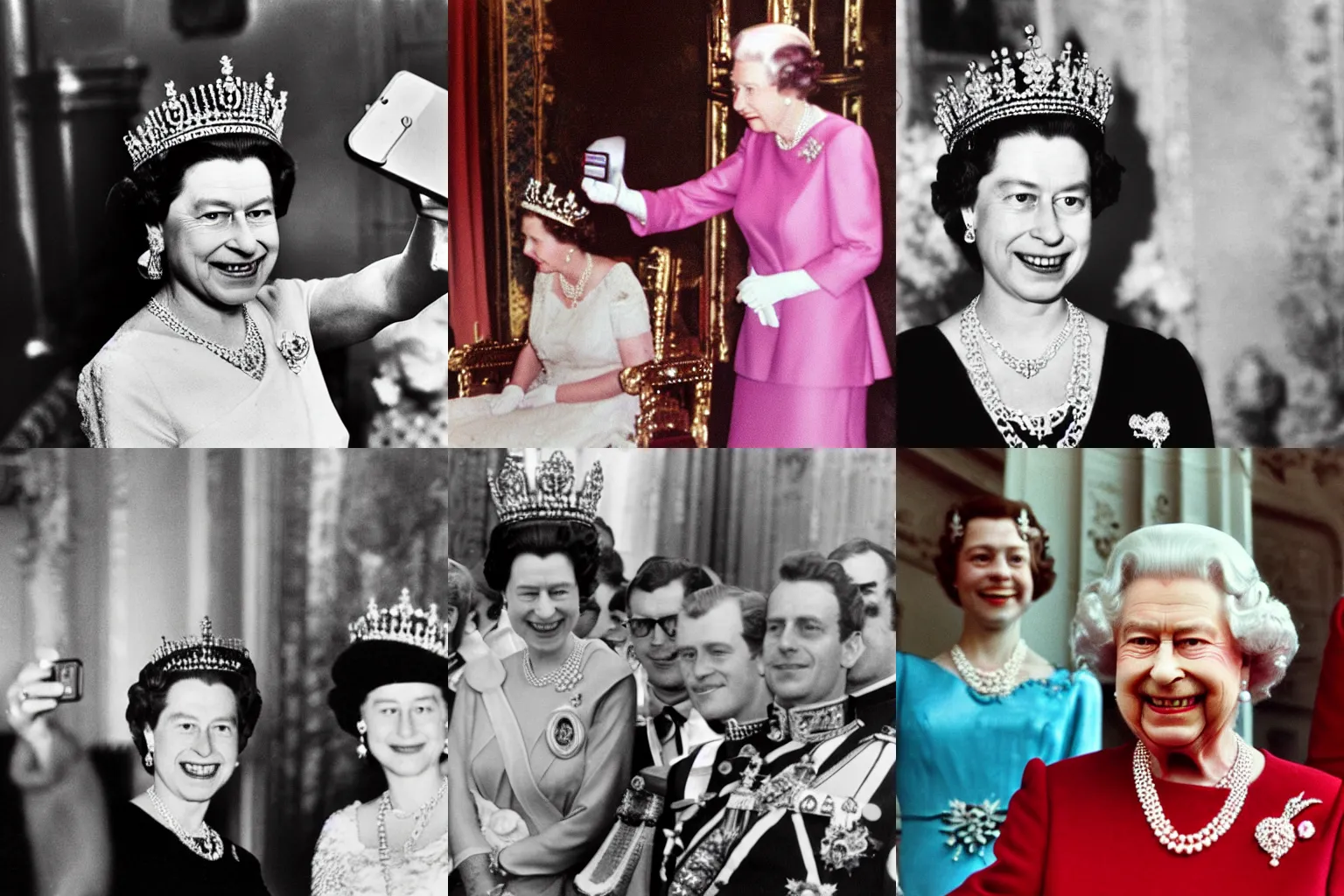 Prompt: A selfie taken by queen Elizabeth II during her coronation