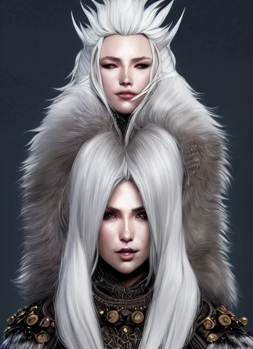 Prompt: fur armor!!! long wild white hair!! covered chest!!! fantasy, d & d, intricate ornate details, symmetry, concept art, sharp focus, illustration, art by artgerm! greg rutkowski magali villeneuve wlop! ilya kuvshinov!!, octane render, unreal engine 5, highly rendered!!