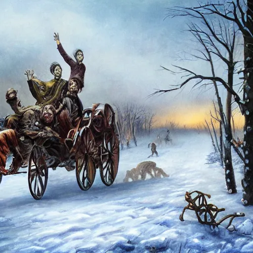 Image similar to painting of zombies attacking a carriage on a winter road, dark fantasy, high detail, realistic