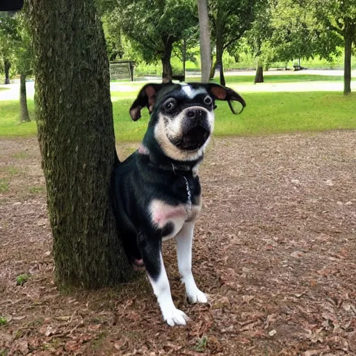 Image similar to doggos becoming a tree in the park, funny, photorealistic