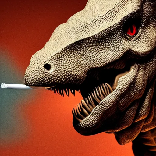 Image similar to dinosaur smoking a cigarette realistic 8 k hdr 3 5 mm