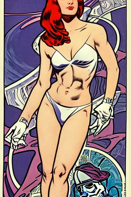 Image similar to female in white bikini with tattoos and stormtrooper helmet, well composed, clean elegant painting, beautiful detailed face. comic book art by steve ditko and jack kirby and ( alphonse mucha )