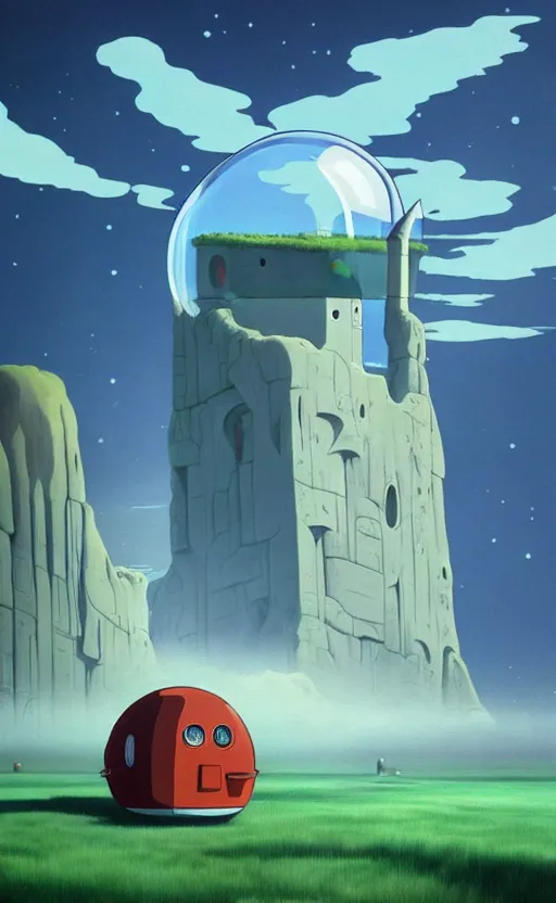 Image similar to a scary hyperrealist painting of a rocketship in a giant transparent square bubble from howl's moving castle ( 2 0 0 4 ) in a flooded monument valley stonehenge jungle. depth perception, 4 k, artstation, in the style of studio ghibli
