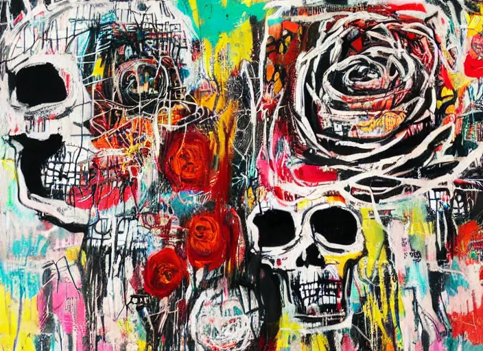 Image similar to bokeh roses growing out of one single skull by jean-michel basquiat, david choe and alex gray painting, intricately highly detailed art piece