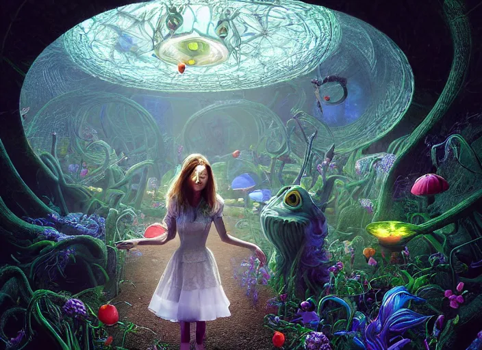 Image similar to vfx surreal 3 d portrait of alice from wonderland walking into a non - euclidean and infinite tunnel of evanescent hallucinatory images, reflections in endless mirrors, giant mushrooms, hyperdetailed, octane render, sharp focus, concept art, intricate by alex grey, greg rutkowski jeff soto and daniel merriam, dan mumford and pixar, octane render
