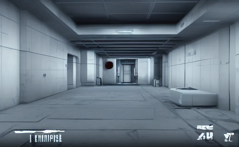 Image similar to screenshot of a first person shooter game on unreal engine 5, narrow modern hallways of a futuristic government facility with white dry wall, photorealistic, retrofuturism