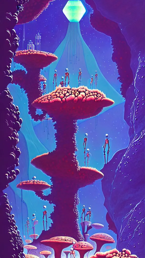 Prompt: a scifi illustration, An unknown mechanism bouquet of flowers in the depths of an ancient cave system on a distant planet in FANTASTIC PLANET La planète sauvage animation by René Laloux