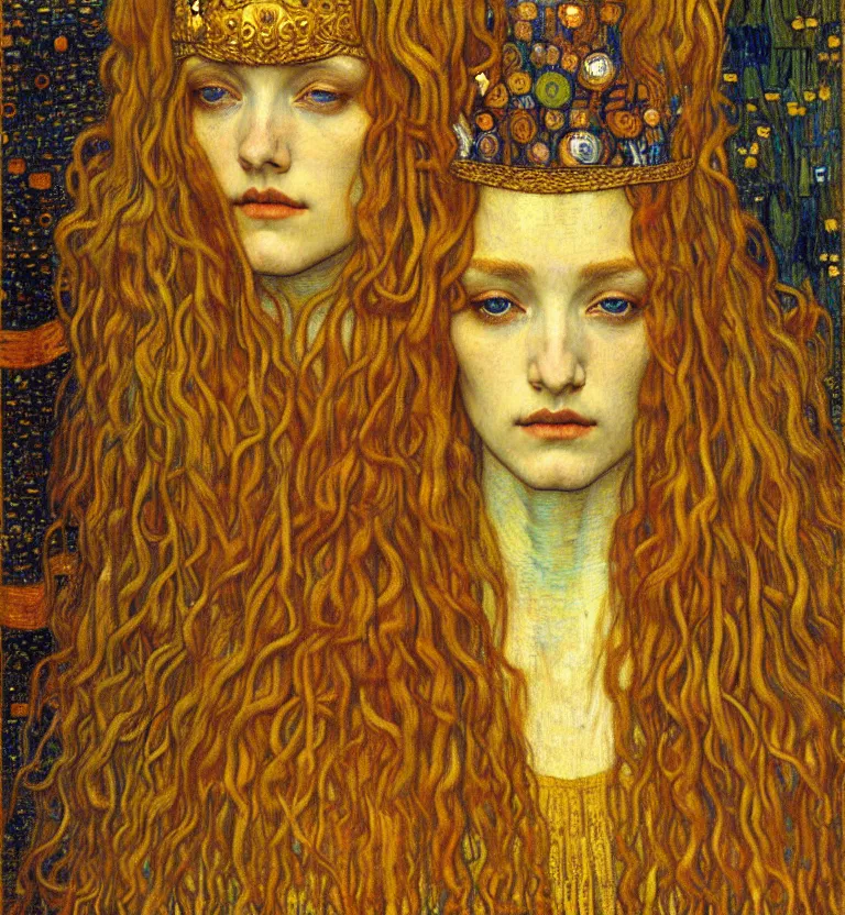 Image similar to detailed realistic beautiful young medieval queen face portrait by jean delville, gustav klimt and vincent van gogh, art nouveau, symbolist, visionary, gothic, pre - raphaelite, muted earthy colors, desaturated