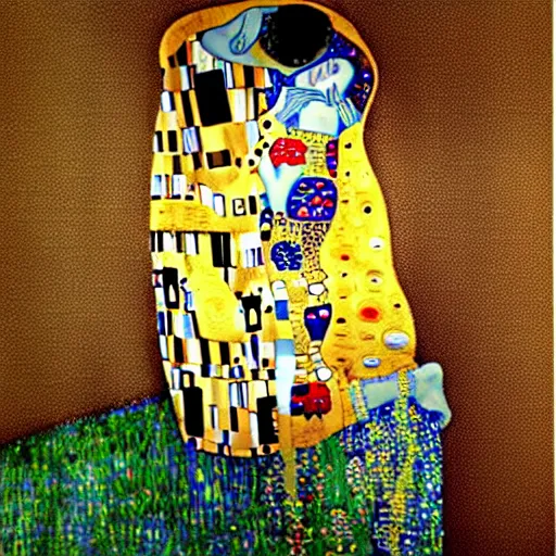 Prompt: The Kiss from Klimt but painted in the style of Vincent Van Gogh, van gogh's Starry night background
