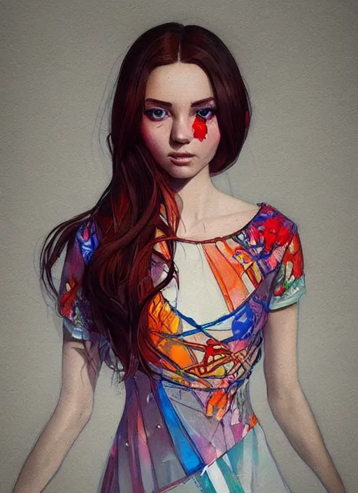 Prompt: beautiful [ young ] woman wearing a dress made from stained glass in the design of a flame. painting by artgerm and greg rutkowski and ilya kuvshinov