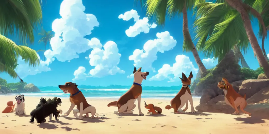 Image similar to a wholesome animation key shot of dogs at a tropical beach, medium shot, waist up, studio ghibli, pixar and disney animation, sharp, very detailed, high resolution, rendered in unreal engine 5, anime key art by greg rutkowski, bloom, dramatic lighting