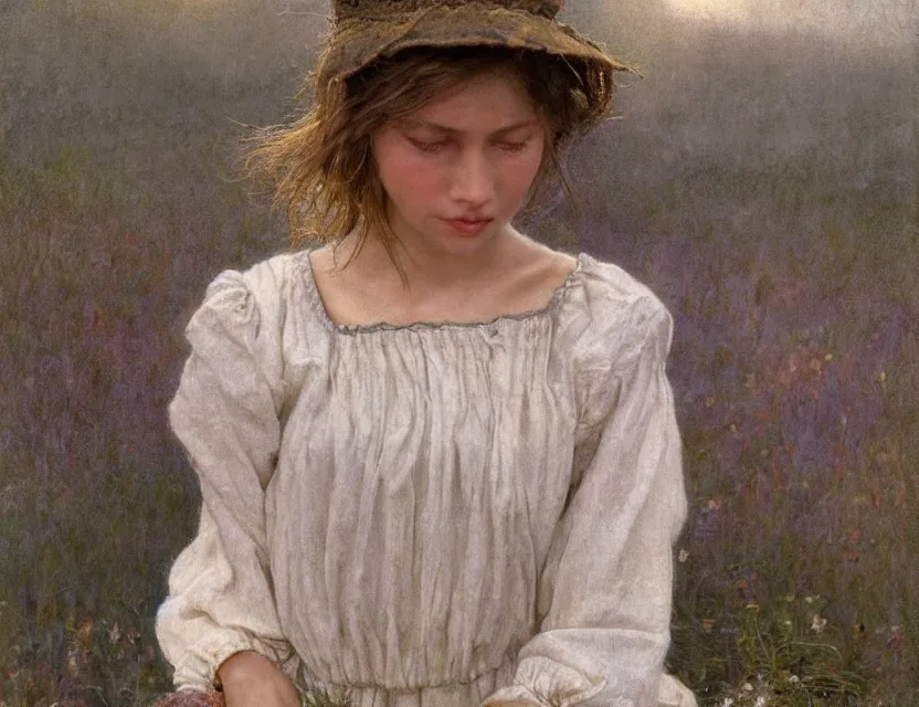 Image similar to peasant girl trying new dress, cottage core, cinematic focus, polaroid photo bleached vintage pastel colors high - key lighting, soft lights, foggy, by steve hanks, by lisa yuskavage, by serov valentin, by tarkovsky, 8 k render, detailed, oil on canvas