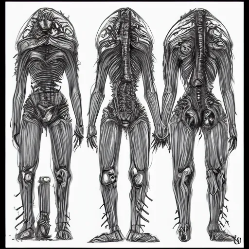 Prompt: human inspired by HR Giger, Character reference Sheet