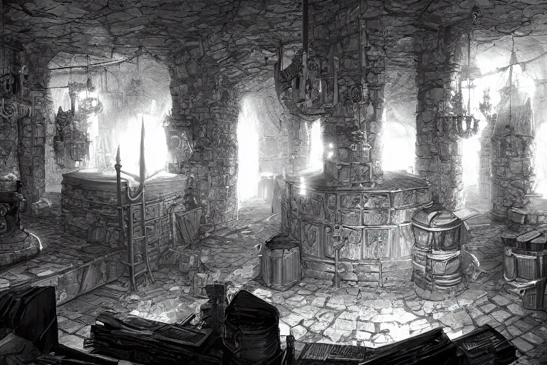 Image similar to black and white one point perspective apothecary dungeon rpg fantasy dungeon hall view by artgerm and Craig Mullins, James Jean, Andrey Ryabovichev, Mark Simonetti and Peter Morbacher 16k