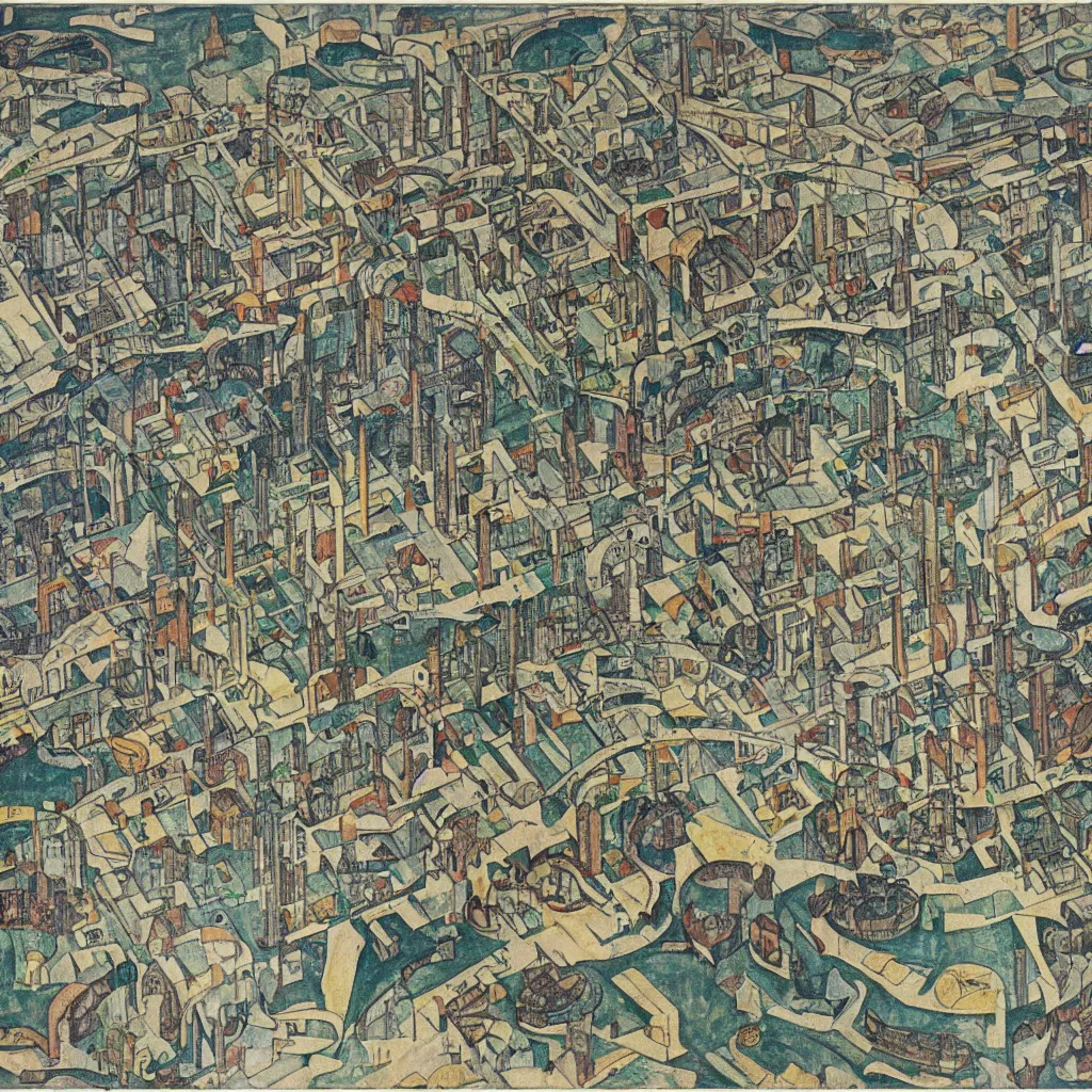 Prompt: a detailed map of a futuristic reserve city located in an island surrounded by water with a few flying ships stationed around it, in the style of diego rivera schiele, full color, exploded view