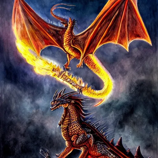 Image similar to a majestic , magnificent fire breathing dragon flying over a medieval castle under a dark starred sky, dark fantasy, watercolor, dreaming illusion, highly detailed, 4k, trending on Artstation, award-winning