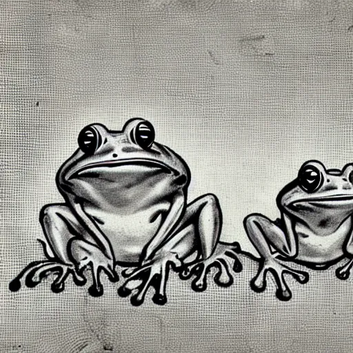 Prompt: frogs wearing old timey clothes, vintage family photo of a frogs wearing old timey clothes, sepia, frog picture