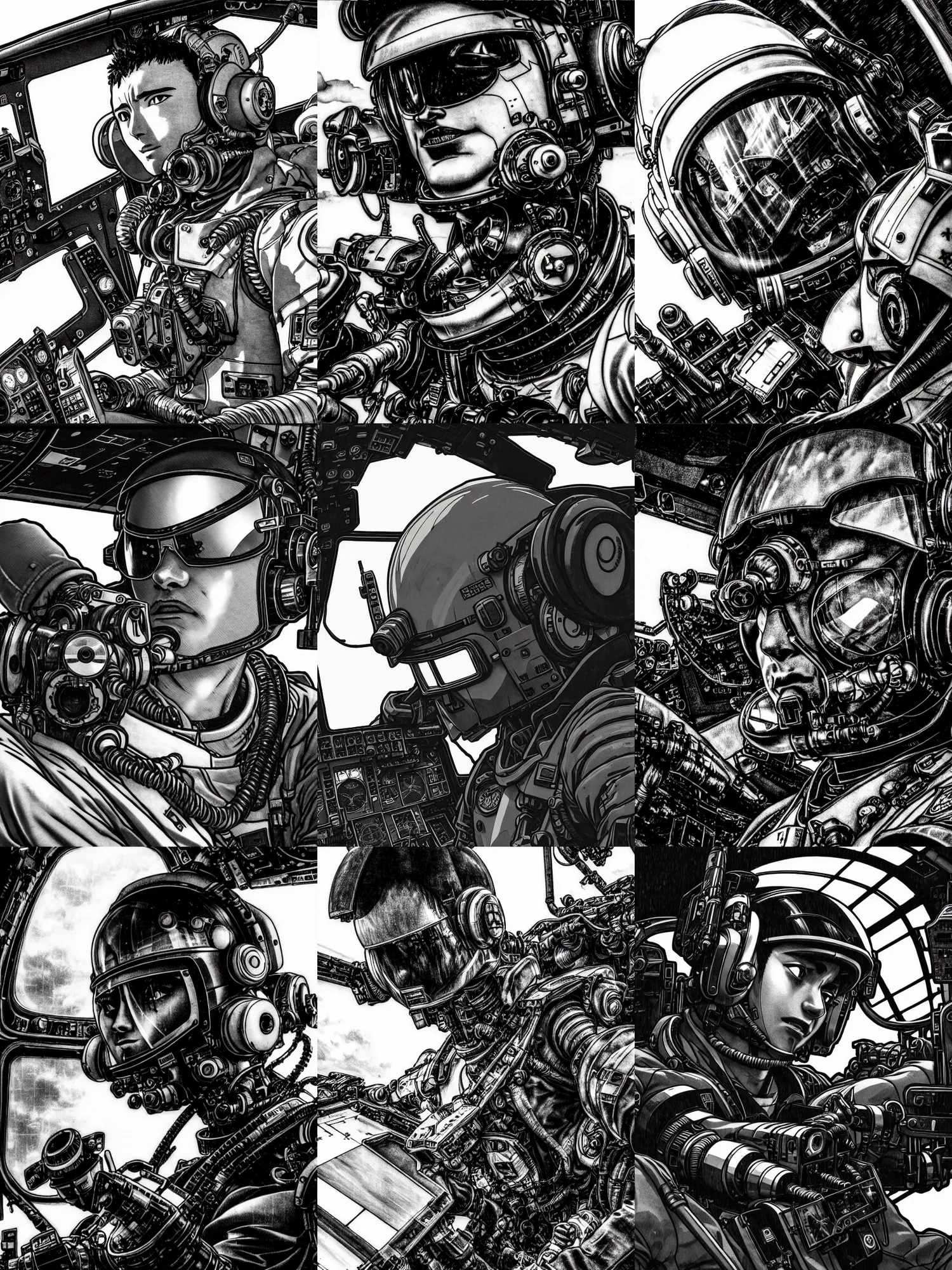 Prompt: close up picture of a pilot looking at the sky in mecha cockpit, angry, sad, rugged, tactical gear, black and white, highly detailed, detailed face, chiaroscuro, manga illustration, artgerm, greg rutkowski, alphonse mucha, takehiko inoue, kentaro miura, light novel cover art