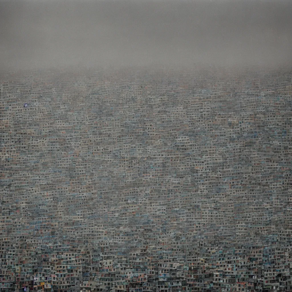 Image similar to close - up view of a tower made up of makeshift squatter shacks with faded colours, moody cloudy sky, uneven fog, dystopia, mamiya, fully frontal view, very detailed, photographed by andreas gursky
