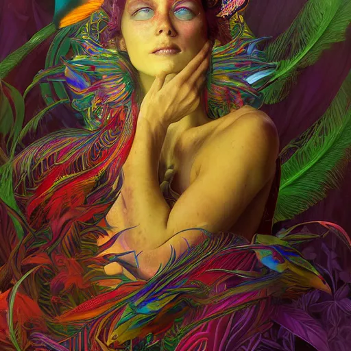 Image similar to A reality bending psychedelic ayahuasca experience, colorful, distorted, surreal, tropical bird feathers, dramatic lighting on the face, intricate, elegant, highly detailed, digital painting, concept art, smooth, sharp focus, illustration, art by Krenz Cushart and Wayne Barlowe and alphonse mucha