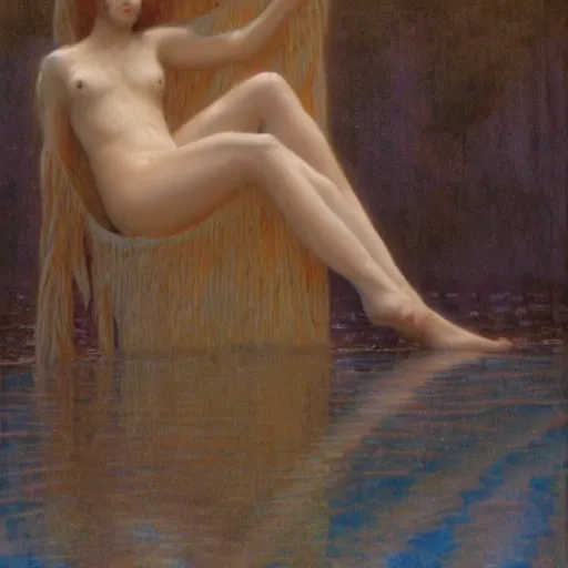 Prompt: beautiful woman suspended in water with silk clothing , 4k, by Jean Delville, cinematic lighting