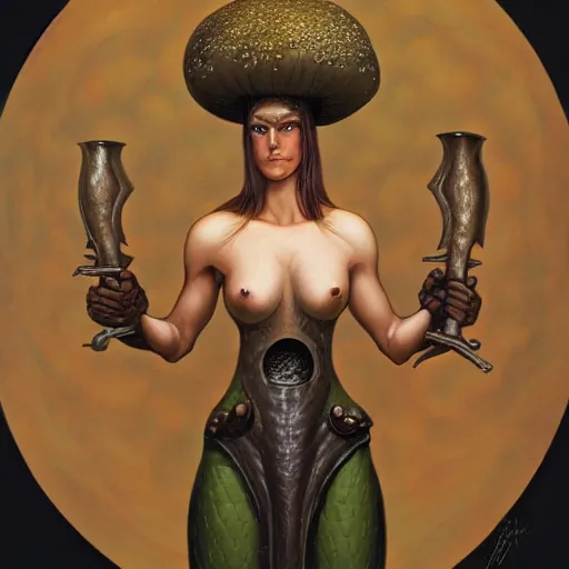Prompt: portrait of a female mushroom warrior, by Gerald Brom