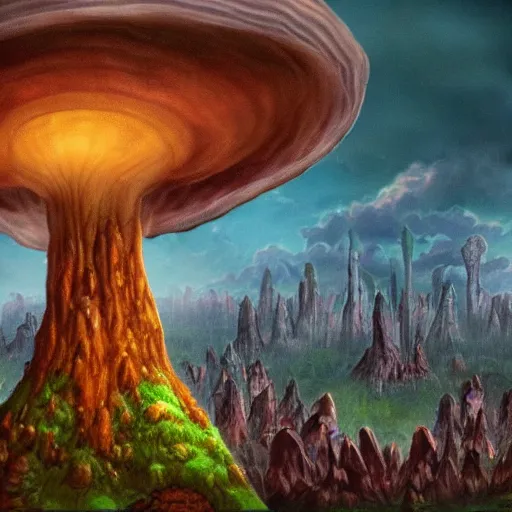 Image similar to a nightmarish creature looming over a city on the horizon, a mushroom forest