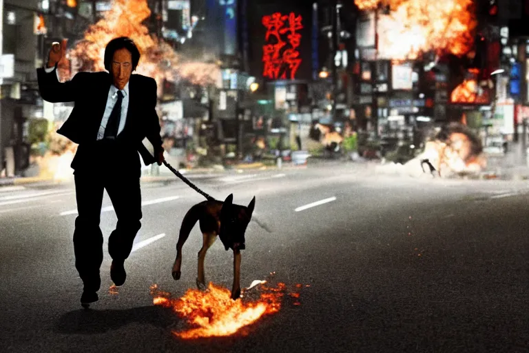 Image similar to cinematography action movie closeup portrait of a Japanese business man carrying his dog running from an explosion in Tokyo by Michael Bay