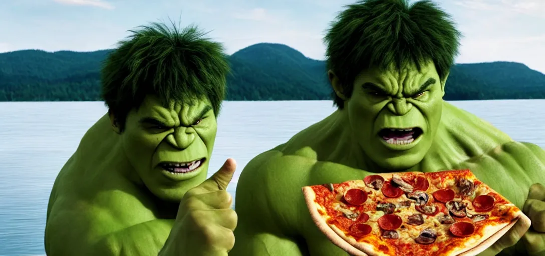 Image similar to a very high resolution image from a new movie. hulk eating pizza on a lake, photorealistic, photography, directed by wes anderson