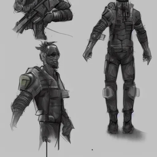 Image similar to ryan church jon mccoy concept art sketch cyberpunk solider black cloth character reference sheet