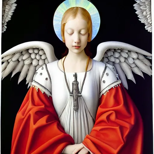 Image similar to highdetailed hyperrealistic painting of white angel!!! no gender smiling noface!!!, light instead of hands, white sparkles everywhere, 4 k hd face!!!, big silver high detailed wings!!!, renaissance, by jan van eyck, holography space, glow effect, large strokes, monochrome!!!!!