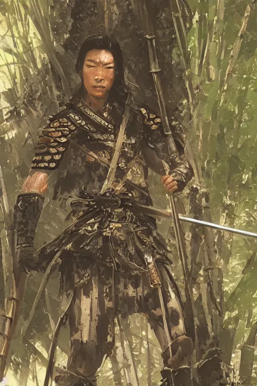 Prompt: close up of samurai warrior in a bamboo forest, by greg rutkowski, intricate details, highly detailed