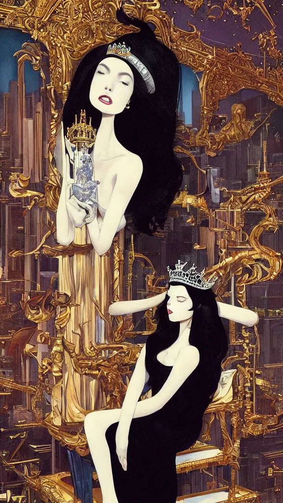 Image similar to a beautiful black haired woman with pale skin and a crown on her head sitted on an intricate metal throne new york circa 1 9 8 4 edward hopper and james gilleard, surreal, open ceiling, highly detailed, airbrush, ilya kuvshinov, wlop, stanley artgerm, very coherent, art by takato yamamoto and james jean