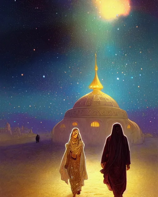 Image similar to bedouin man and woman and child in galaxy walking towards mosque surrounded by nebula, highly detailed, gold filigree, romantic storybook fantasy, soft cinematic lighting, award, disney concept art watercolor illustration by mandy jurgens and alphonse mucha and alena aenami, pastel color palette, featured on artstation