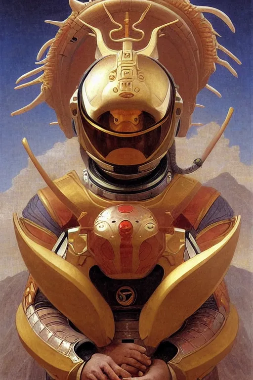 Prompt: portrait of a astronaut is a chinese dragon in armor and helmet, majestic, solemn, hyper realistic, by bouguereau