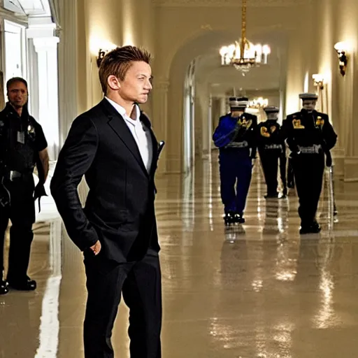 Image similar to jeremy renner as a security guard for the white house, photorealistic, cinematic lighting