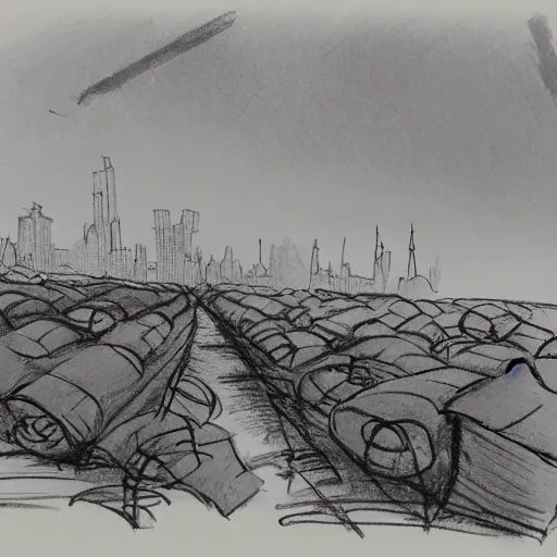 Image similar to milt kahl sketch of world war 1 trenches with the city of miami in the background