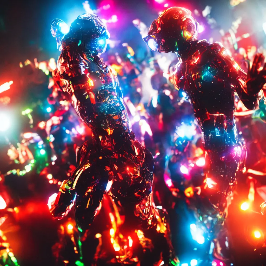 Prompt: a photo of cyborg dancing in a rave party