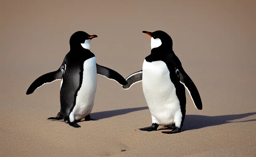 Image similar to happy penguins in sand dunes, photography